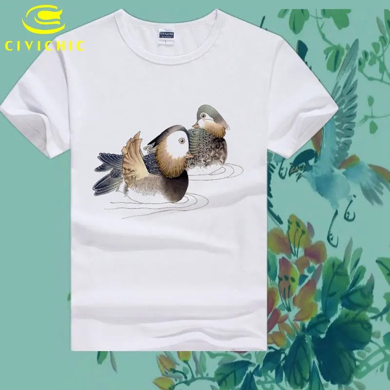 CIVI CHIC Chinese Style Man Groot T Shirt Women Ethnic Oil Painting Flower Birds Ink Print Couple Tshirt Plus Size Tops WST118