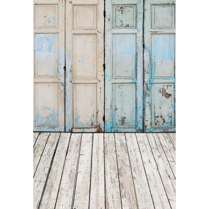 8x12FT Vintage Light Blue Paintings Wooden Doors Wood Floor Custom Photography Studio Backdrops Backgrounds Vinyl 2.4x3.6m