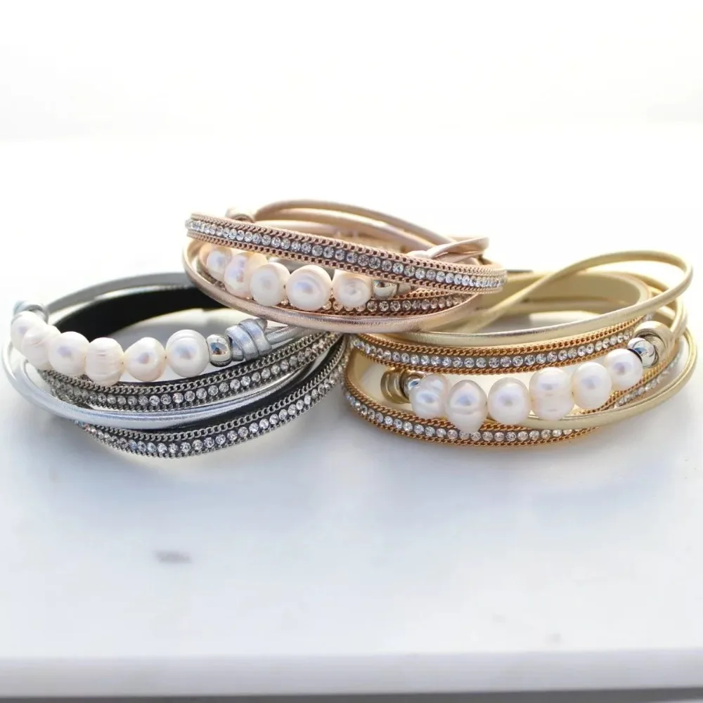 

Fashion Gorgeous Wrap Rhinestone Freshwater Pearls Magnet Clasp Bracelets