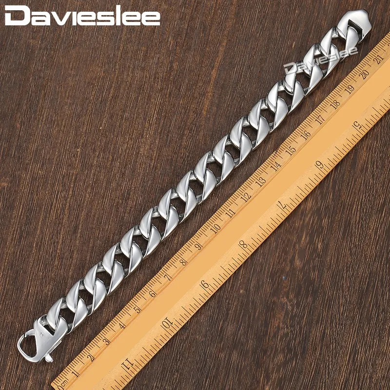 Davieslee 15mm Curb Cuban Link Men\'s Bracelet 316L Stainless Steel Silver Color Wristband Male Jewelry Dropshipping DHB164A