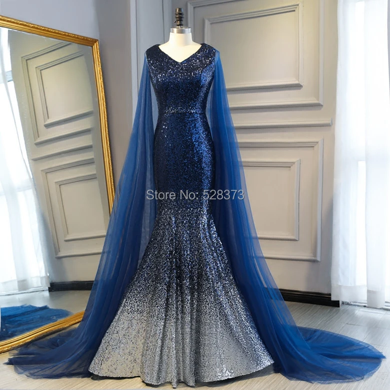 

YNQNFS IED14 Ombre Bling Sequins Elegant Mermaid Formal Women Dresses Evening Party Navy Blue Real Photos