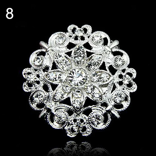 Flower Heart Rhinestone Silver Plated Brooch Pin Wedding Bridal Broach Breastpin