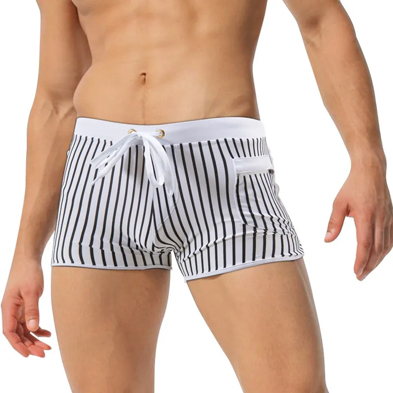 Summer Men Swim Briefs Stripe Swimsuits Shorts Bermuda Beach Shorts Gay Swimwear Bikini Low Waist Bath Boxers Swimming Trunks