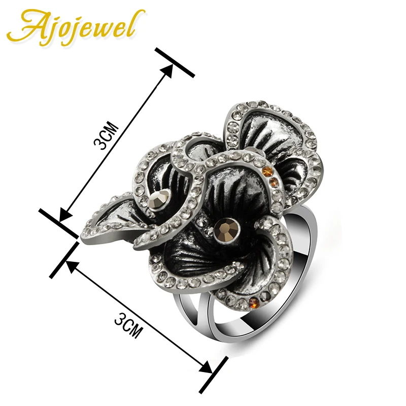 Ajojewel Big Black Flower Vintage Jewellery Rings Pave CZ Women\'s Beautiful Retro Gift Items