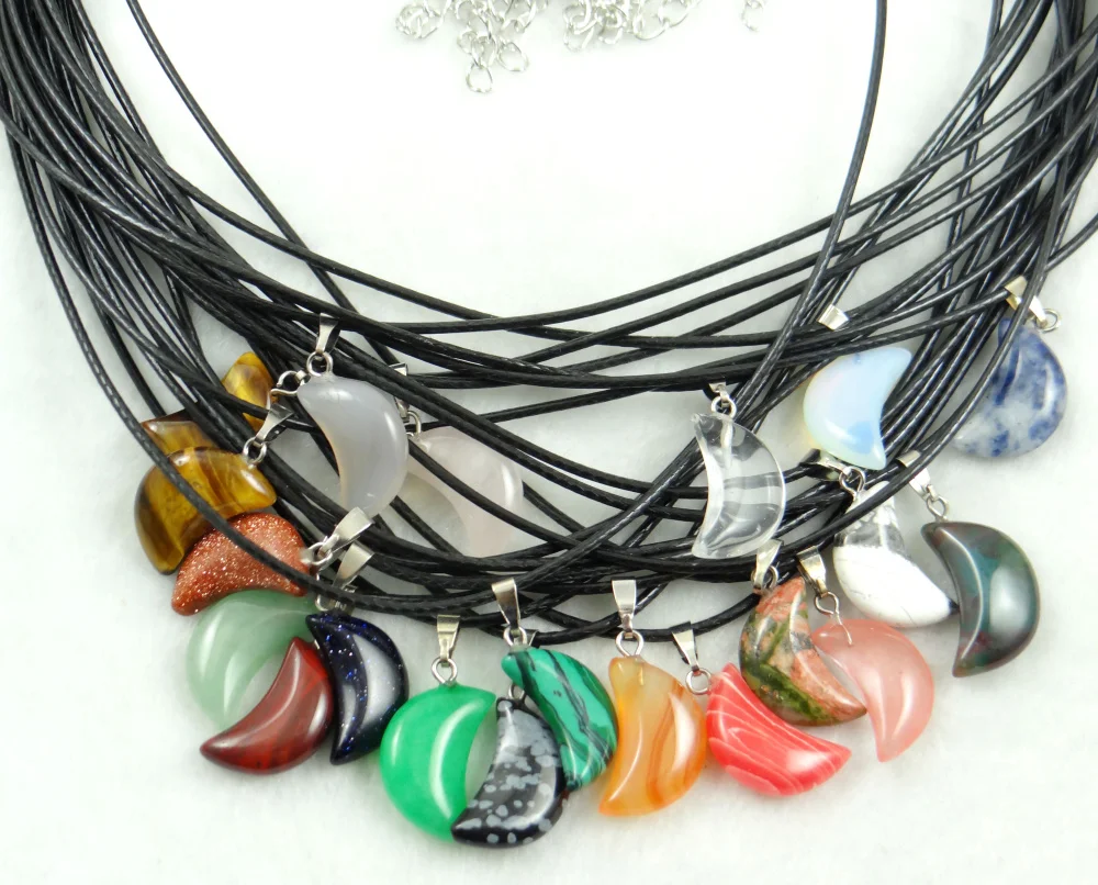 1pcs Moon Necklaces Natural Crystal Pendants Stone Pendant Leather Chains Necklace Women Fashion Jewelry