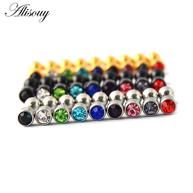 Alisouy 2pc 316l Surgical Steel Crystal  Assorted Colors Ear Stud Piercing Simple Style Screw-Back Earring Sexy Girls Jewelry