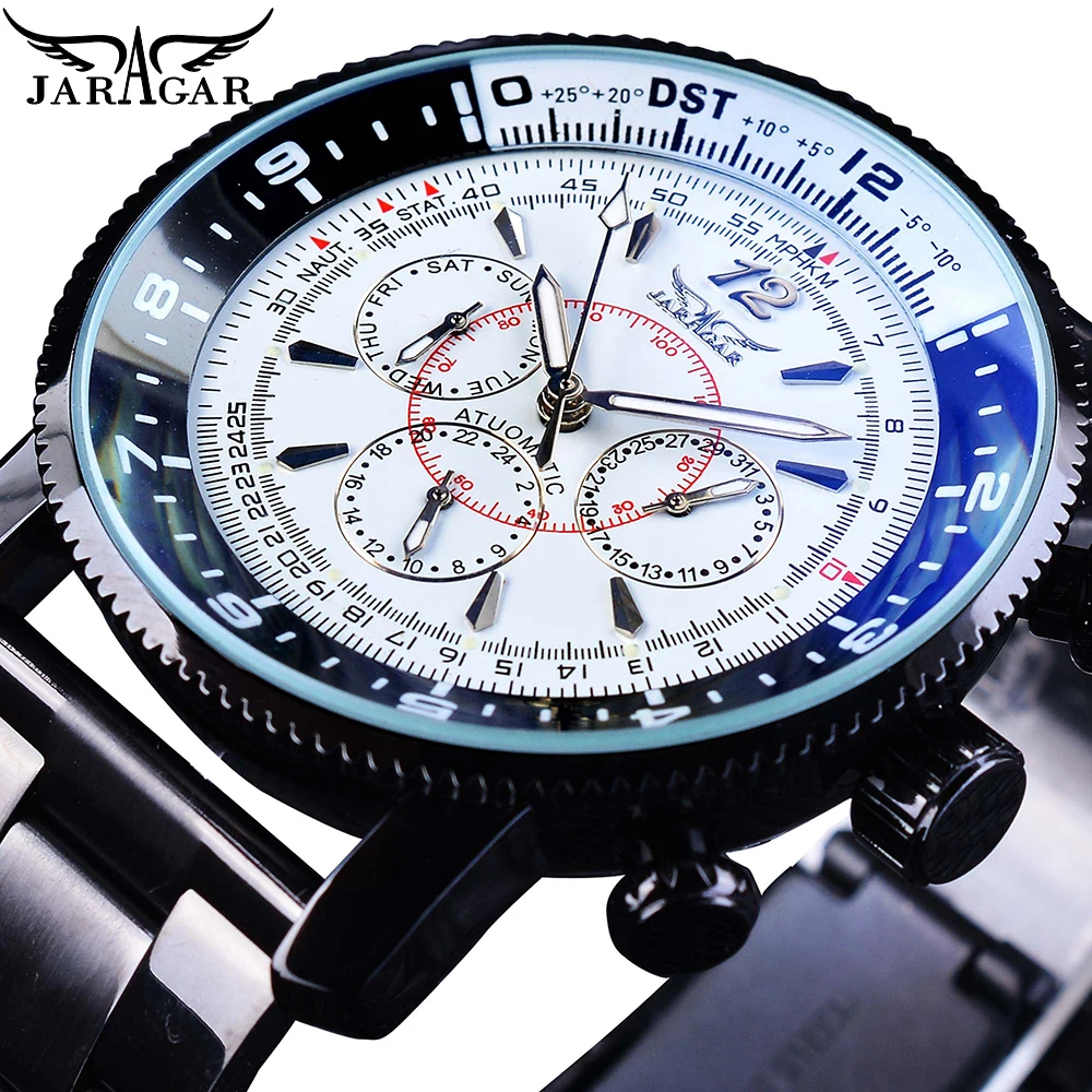 

Jaragar Fashion White Men Watch 3 Sub-dials 6 Hands Calendar Multifunction Military Black Stainless Steel Band Male Wristwatches