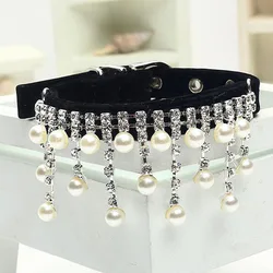 New Fashion Female Wedding Pet Products Cats Velvet Crystal Pearl Necklace Luxury Jewelry Dog Pet Cat Collar 5 Color 3 Size