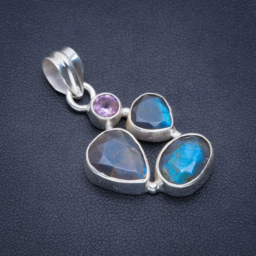 

Natural Blue Fire Labradorite and Amethyst Handmade Unique 925 Sterling Silver Pendant 1.5" A1609