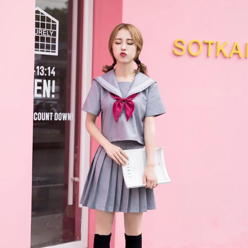 

Japanese/Korean Sailor Suit Cosplay Costumes Summer Gray School Uniforms Cute Girls JK Student Clothing Top+Skirts+bow-tie