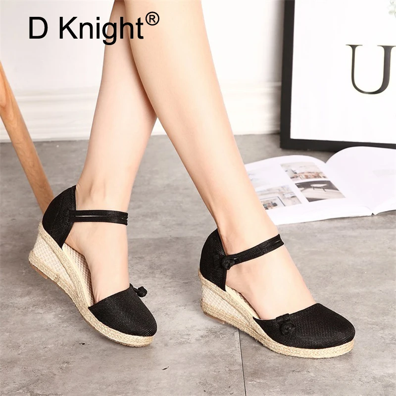 D Knight Women Sandals Summer Shoes Platform Wedges High Heel Ankle Strap Shoes Bohemia Female Espadrille Sandals Pumps Big Size