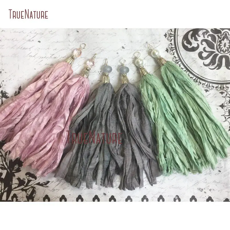 Antique Silver Color Bead Cap Sari Silk Tassel Charm Jewelry Sea-foam Green Pink Or Gray Bohemian Pendant PM14469