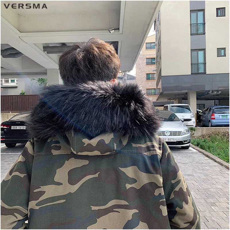 VERSMA Hip Hop Camouflage Winter Parka Jacket Coat Men Korean Oversized Fur Hooded Padded Thick Youth Parkas Women Dropshipping