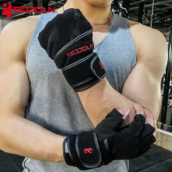 Boodun Sports Fitness Weight lifting Gloves Black Genuine Leather Wrist Gloves Gym Men Women Breathable Training