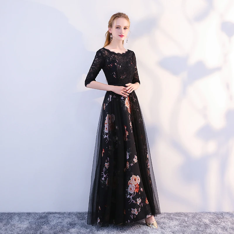 DONGCMY LONG FORMAL EVENING DRESSES BLACK COLOR FLOWER WOMEN PARTY ELEGANT PLUS SIZE FLOOR-LENGTH VESTIDOS ROBE GOWN