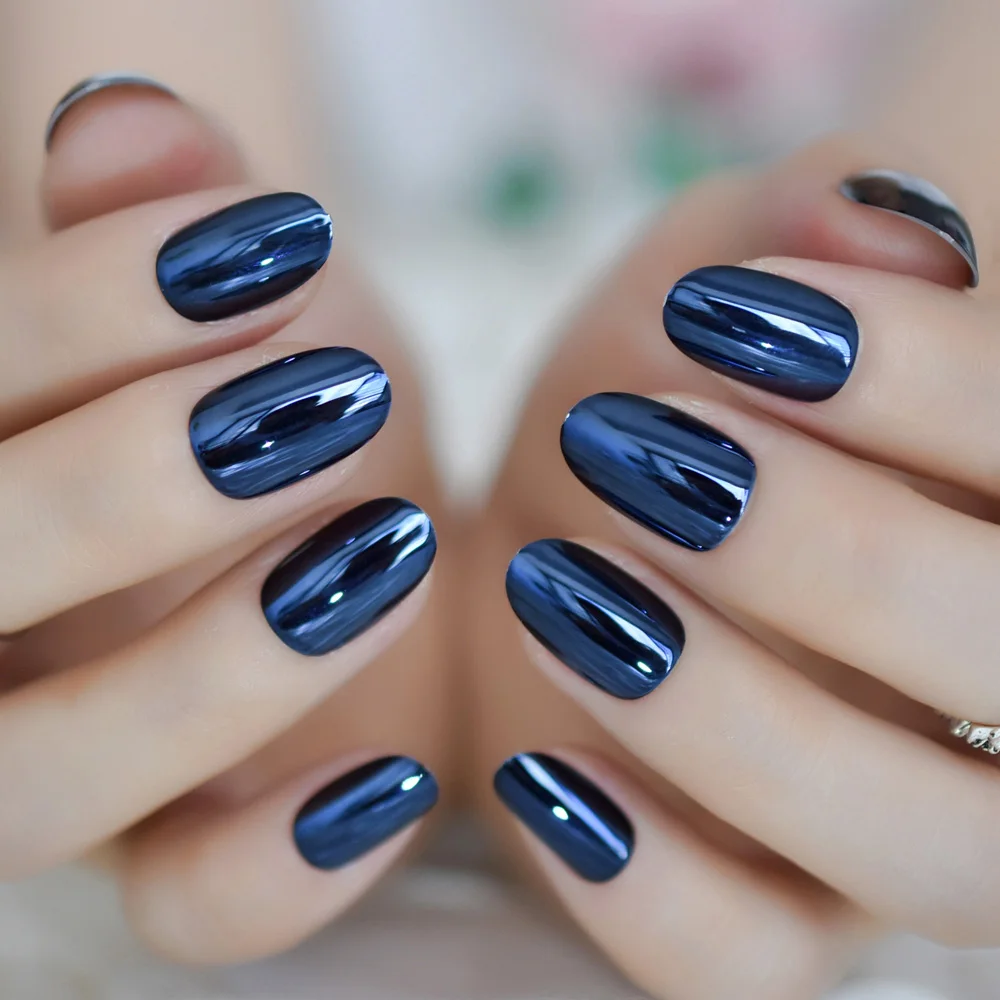 Metallic Spiegel Heldere Blauw Grijs Valse Nail Mix Blauw Metalen Ovale Ronde Nep Nagels Manicure Volledige Nails Art Tips