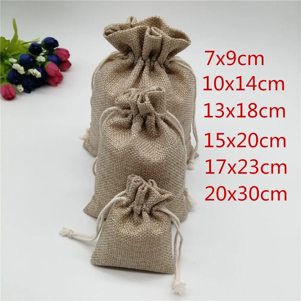 50pcs Vintage Natural Burlap Hessia Gift Candy Bags Wedding Party Favor Jewelry Pouches Sacks Jute Drawstring Gift Packaging Bag