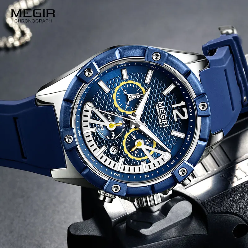 MEGIR Army Sports Waterproof Quartz Wrist Watches for Men Blue Silicone Stopwatch Relojios Masculinos Clock Luminous 2083GBE-2