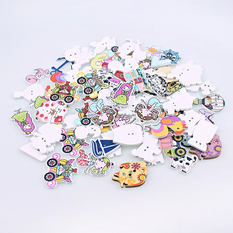 50PCS Random Wooden Button Multi Style 2-Hole Pattern Scrapbook Craft button Children\'s Clothing Accessories Sewing Decorati