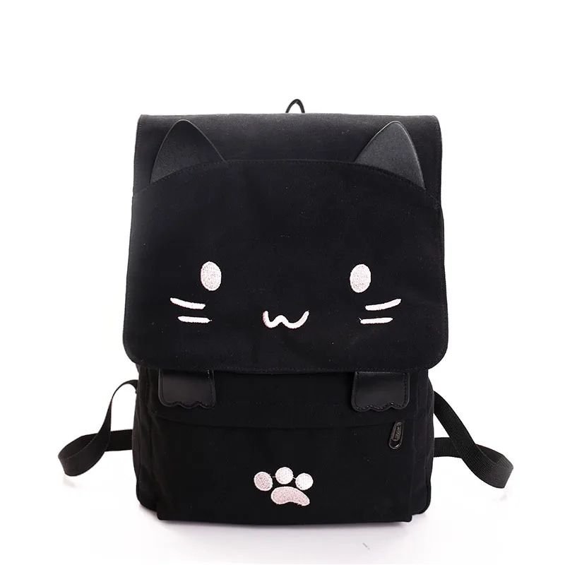 Embroidery Cute Cartoon Backpack Cat Ear Girl Schoolbag For Teenage Women Casual Black Canvas School Teen Backpack