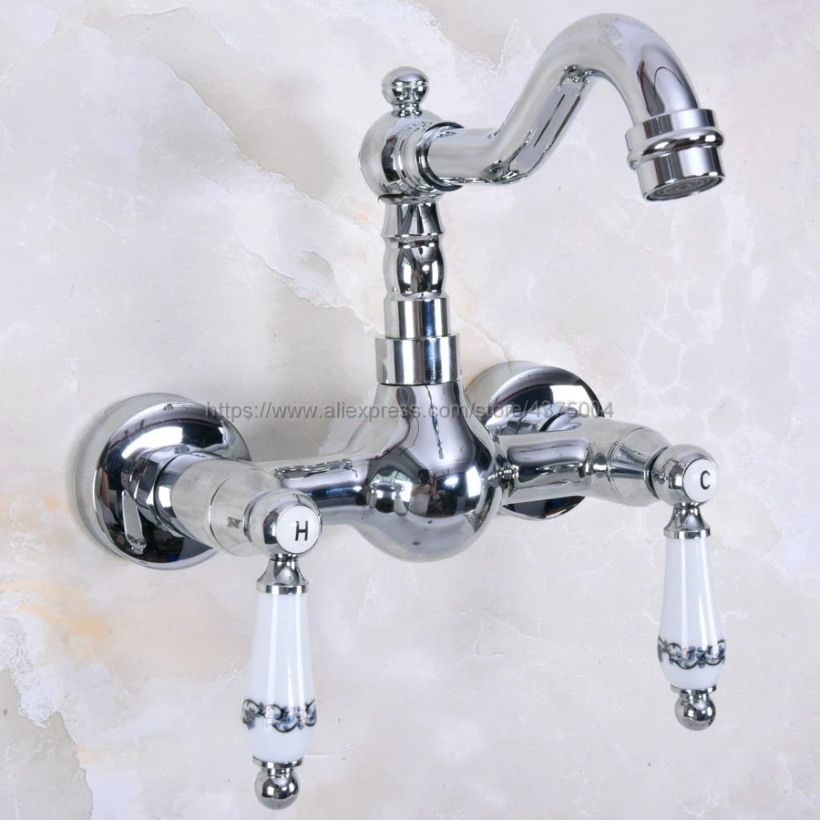 

Polished Chrome Bathroom Basin Swivel Spout Faucet Wall Mounted Dual Ceramic Handles Vessel Sink Mixer Taps Nnf956