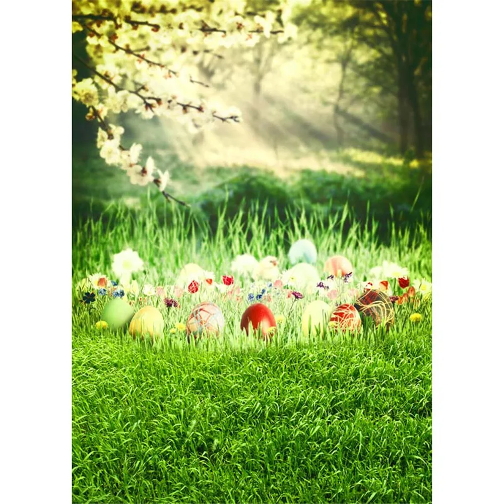 

Sunshine Through Forest Bokeh Photography Backdrops Spring Pear Flowers Green Grass Easter Eggs Baby Newborn Photo Backgrounds