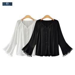 [EL BARCO] Cotton Linen Chiffon Blouse Shirts Women Blusa Summer Long Flare-Sleeve V-Neck Tassel Female Clothing Plus Size M-3XL