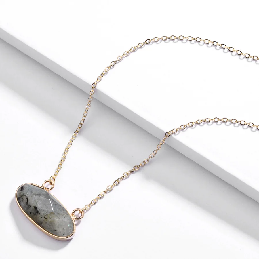 4 Color Faceted Natural Stone Labradorite Amazonite White Marble Stone Short Chain Pendant Necklaces