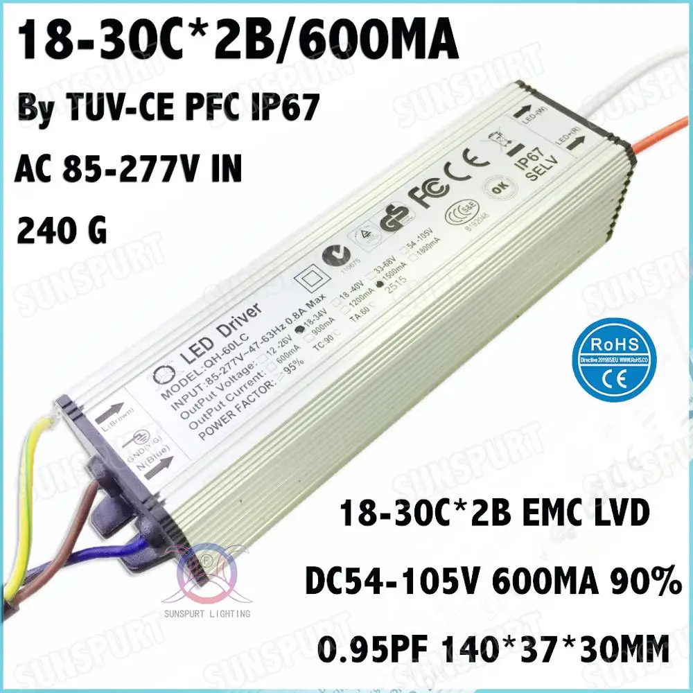 

2 Pcs By TUV-CE IP67 PFC 60W AC85-277V LED Driver 18-30Cx2B 600mA DC54-105V Constant Current Power For Spotlights Free Shipping