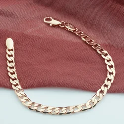 FJ 5MM 17CM-21CM Women Bracelet Men 585 Rose Gold Color Curb Smooth Bracelets