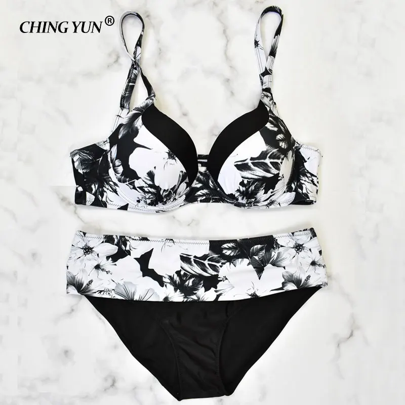 New woman swimsuit sexy beachwear lady Big Size Swimwear black&white clouds Bikini High waist Elastic girls  loose Bathing Suit