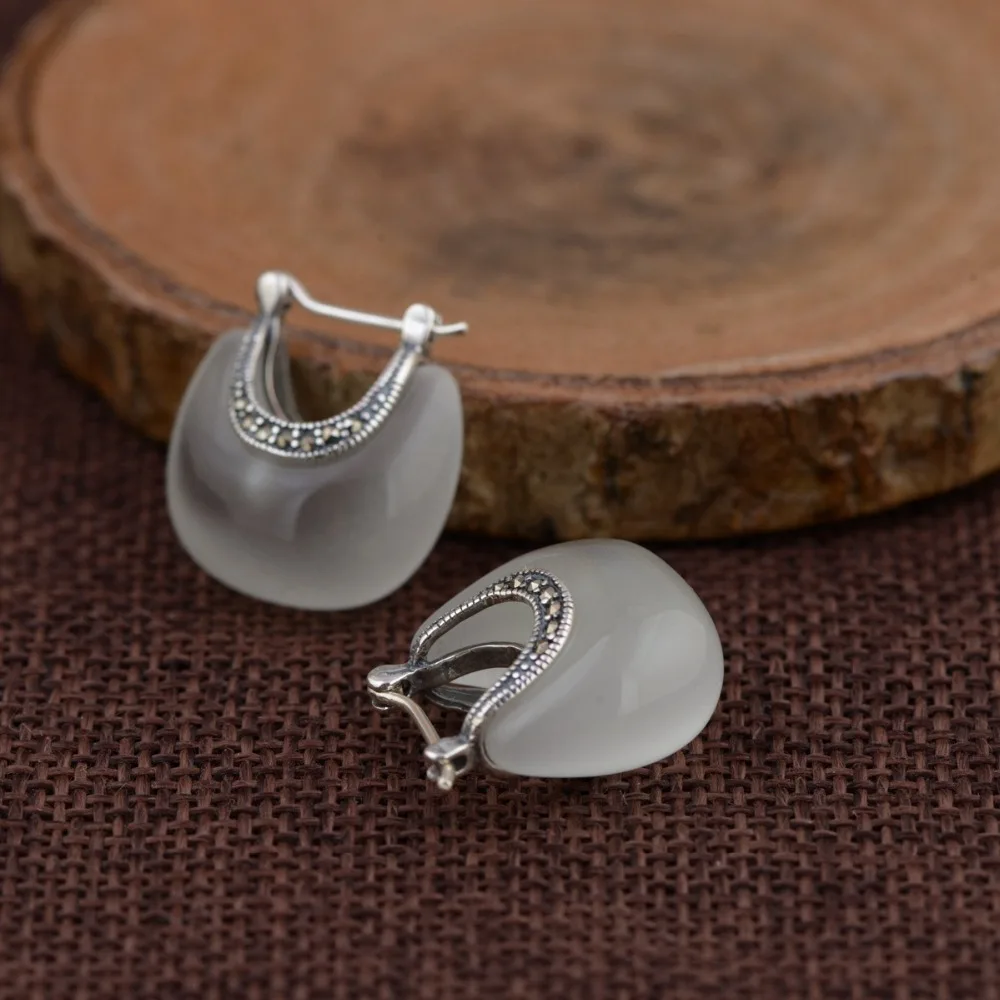 BOCAI S925 Silver Jewelry Cat Eye Stone Earrings for Women Retro Craft Chinese Style Fashion Silver Earrings