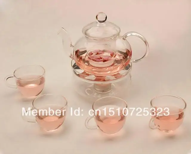 

6PCS/LOT high quality heat resistant glass flower teapot 1pc pot 600ml 4pcs 150ml cup+1pc warmer Teapot Set G0024