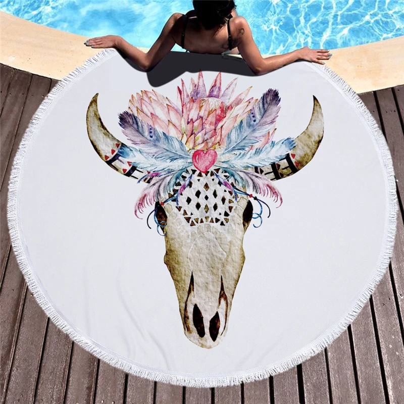 Colorful Elk Skull Round Towel Cartoon Animal Cranium Yoga Mat Travelling Bath Towels With Tassels Microfiber Picnic Blanket