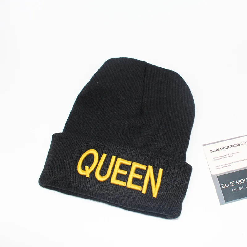 HUE010 Women Winter Cheap Adult letters Embroidery Knitted Hat Autumn Black King Queen Solid Curled Beanies Skullies