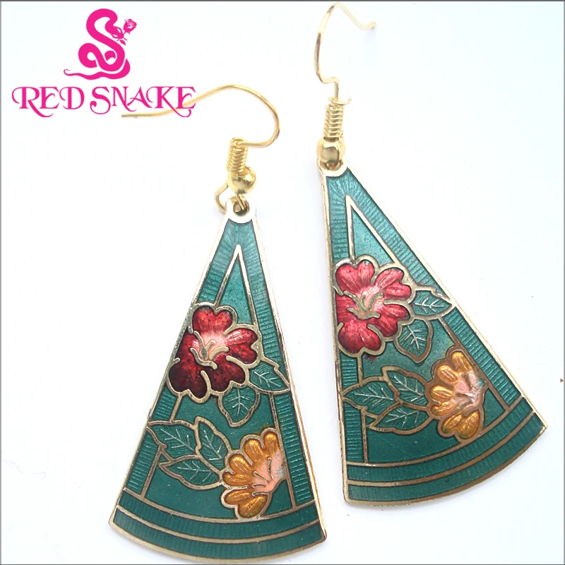 RED SNAKE Fashion Jewelry Cloisonne Enamel Drop Earrings Charm Amazing Beautifully Green background Cone Shaped Flowers