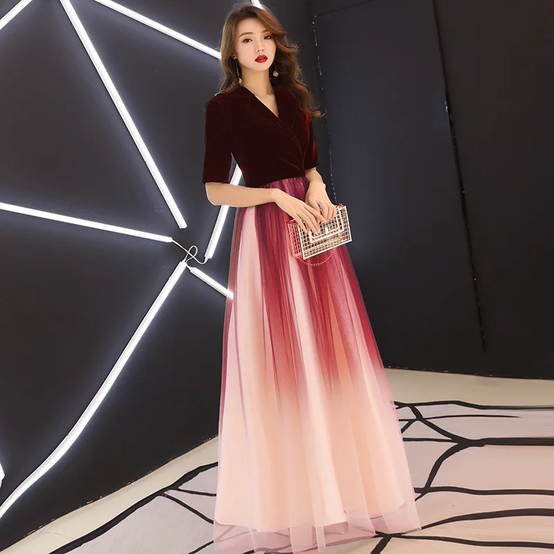 It's YiiYa Evening Dress Gradient Color Lace Illusion Wedding Formal Dresses V-neck Floor length A-line Zipper  Party Gowns E343