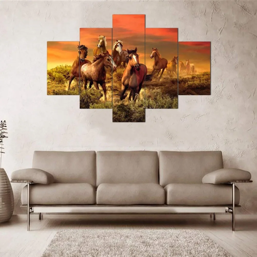 Poster HD Printed Painting Canvas Print Home Decor 5 Panel Forest Running Horse Maple Leaves Wall Art Pictures For Room