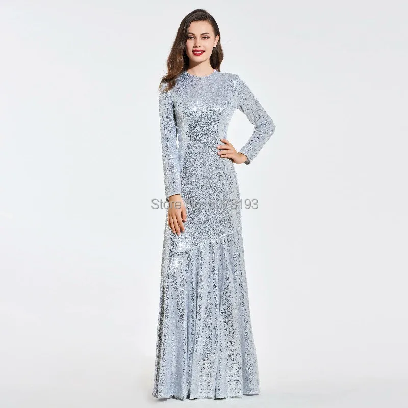 

e17 New In Fashion Elegant Silver O-Neck Natural A-line Long Sequins Women Evening Dresses/Muslim Prom Gowns Free Shipping