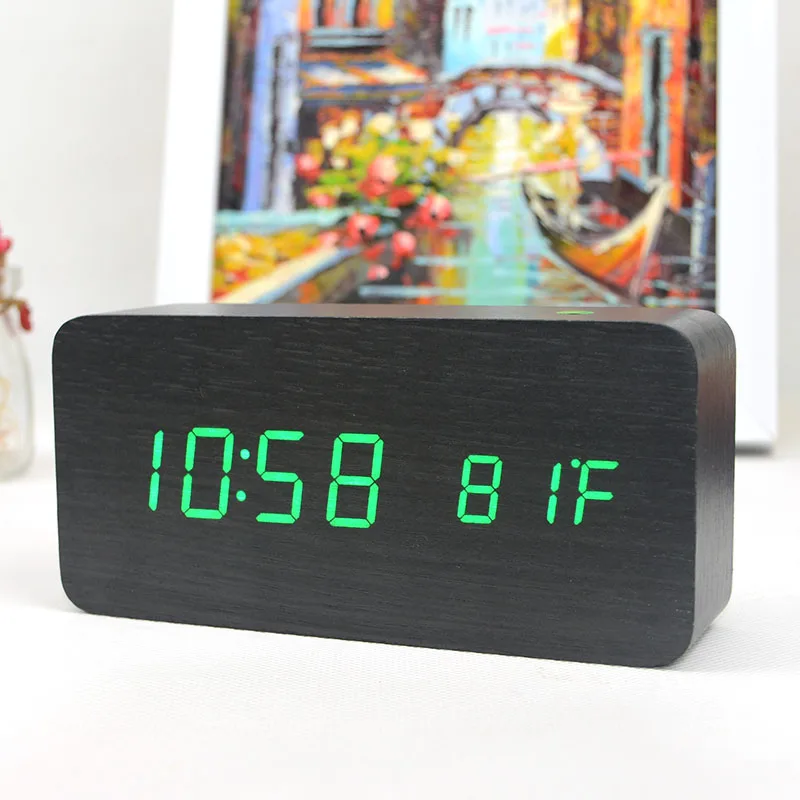 NEW Wooden LED Alarm Clock Temperature Acoustic Control Sensing Calendar USB LED Display Electronic Desktop Digital Table Clocks