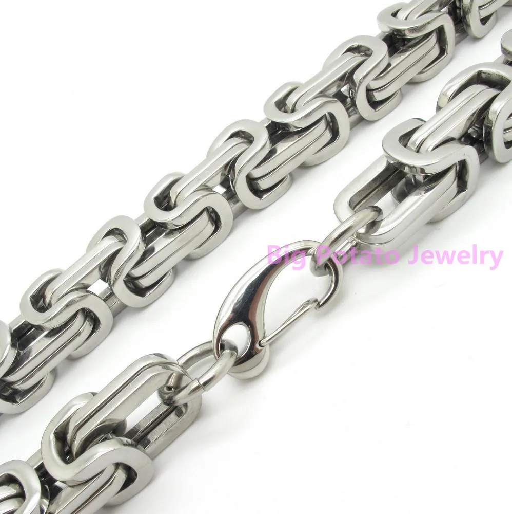 High Quality 12mm Width Strong Stainless Steel Silver Color Byzantine Box Chain Cool Men's Clasp Bracelet 7