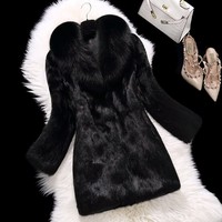 Natural fur full pelt rabbit fur coat with fox fur collar women long fox fur jacket Free shipping