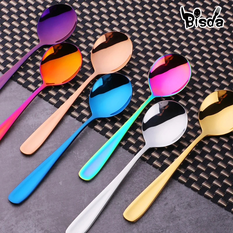 1Pc Soup Spoon Stainless Steel Dessert Spoon Colorful Round Scoop for Ice Cream Dessert Rice Salad Dinnerware