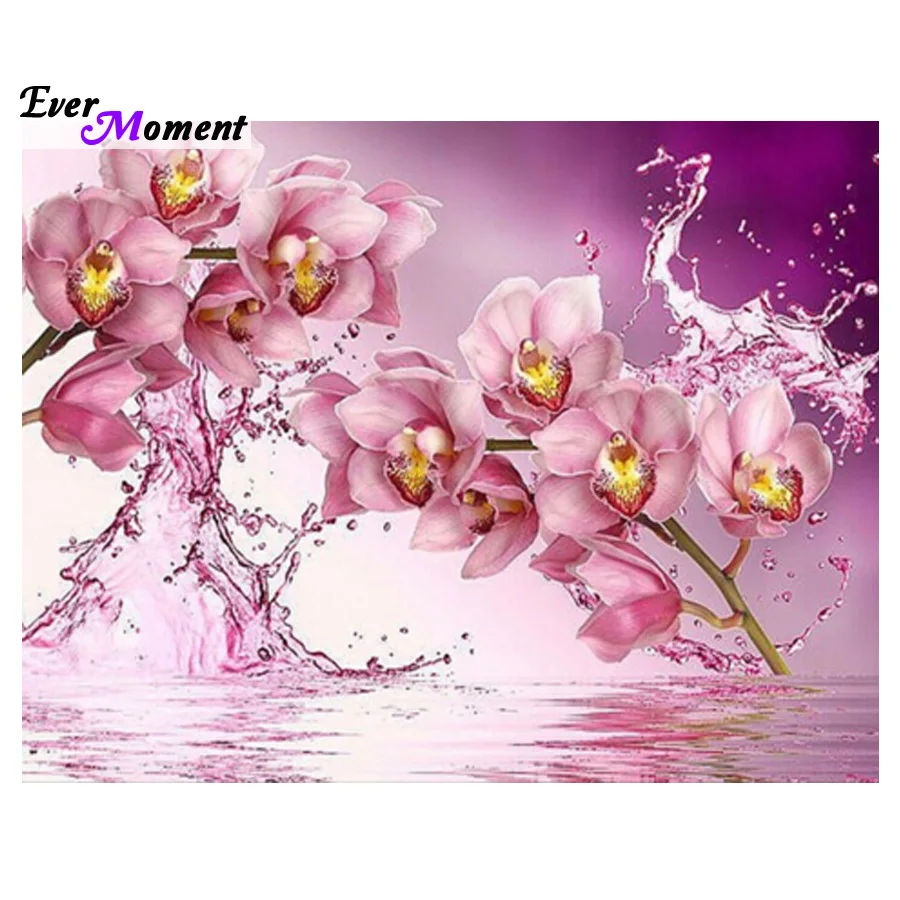 Water The pink orchid painting cross stitch picutre of rhinestone wall decor square Round diamond wedding decoration ASF385