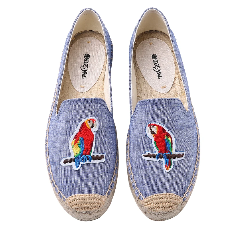 DZYM  Summer Canvas Espadrilles Women Fisherman Shoes Lemon Zapatos Ice Cream Parrot Embroider Linen Loafers Retro Flats