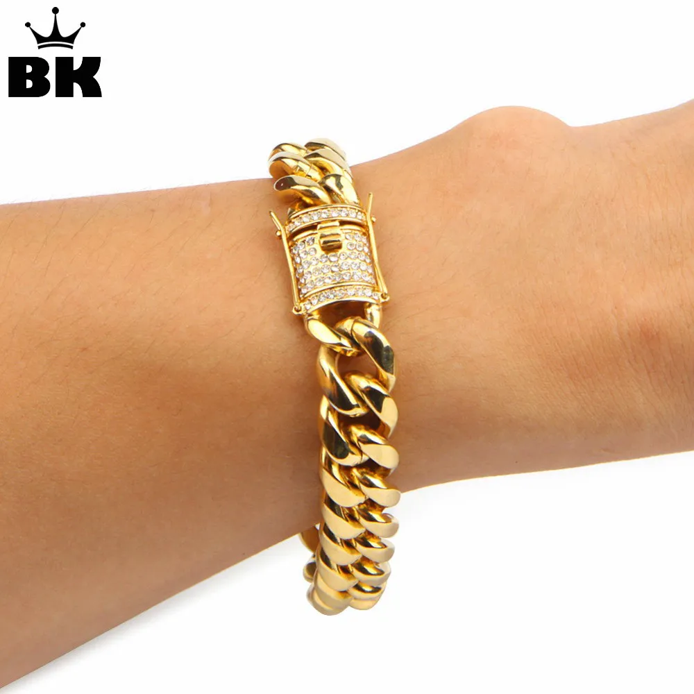 

Хип-хоп 14 мм кубинский браслет со льдом из горного хрусталя браслет из нержавеющей стали золотой цвет для мужчин с застежкой в коробке Прямая поставка
