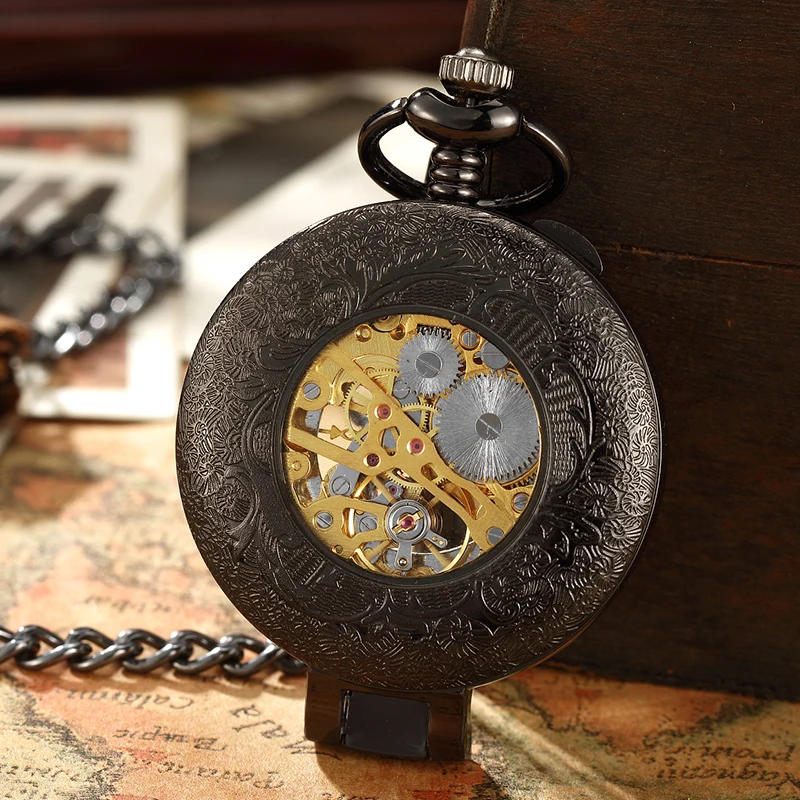 Unique Retro Transparent Men Pocket Watch Black Silver Steel Watch FOB Chain Quartz Pocket Watch New  Luminous Watch Clock