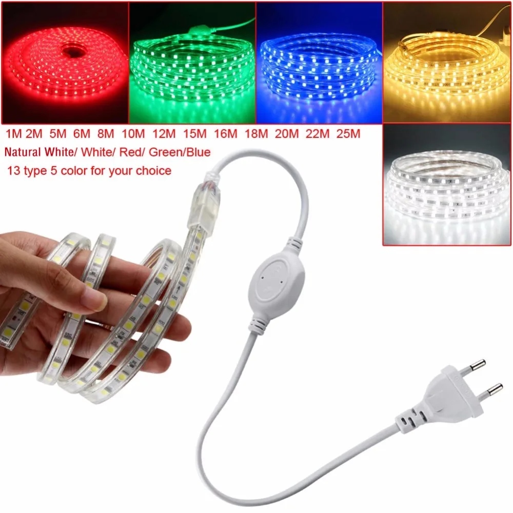 شريط إضاءة LED الأكثر مبيعًا SMD 5050 AC220V شريط إضاءة مرن EU Plug IP67 مقاوم للماء 1 متر/2 متر/5 متر/6 متر/8 متر/10 متر/12 متر/15 متر/20 متر/22 م/25 م