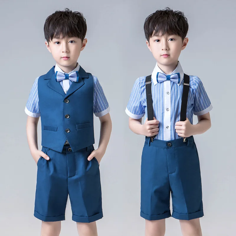 Kids Vest+Shirt+Shorts+Tie Clothing Set Flower Boys Wedding Tuxedo Dress Gentleman Formal Party Suit Children Graduation Costume