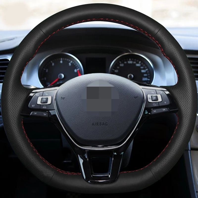 Shining wheat Black Genuine Leather Steering Wheel Cover for Volkswagen VW Golf 7 Mk7 New Polo Jetta Passat B8